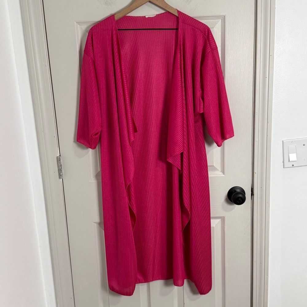 Lularoe Ribbed Duster Cardigan Women‎ OS Hot Pink Open Front 3/4 Sleeve Draped